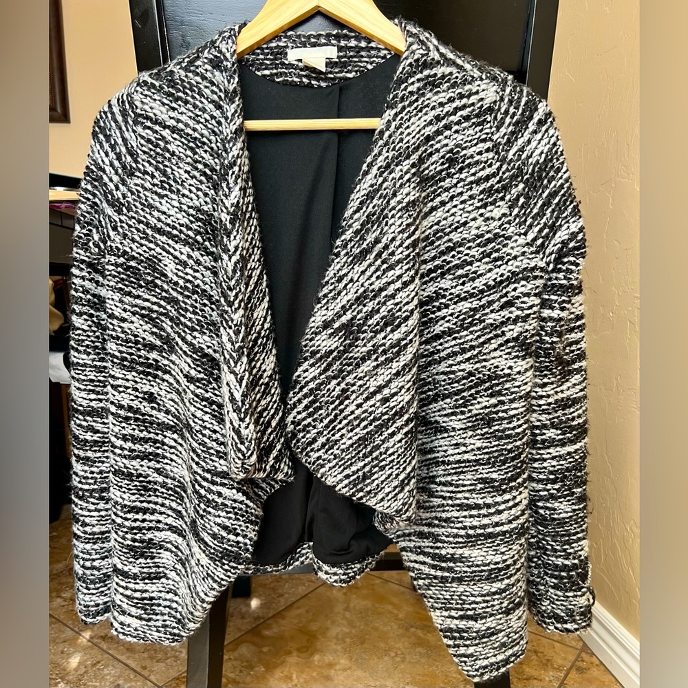 H&M women’s lined wool blend cropped long sleeve sweater/blazer, blk/white Sz S